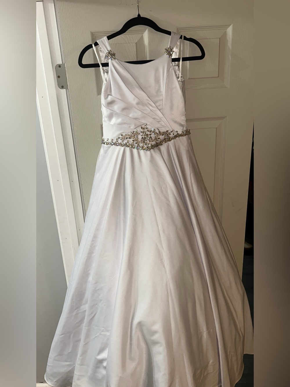 White Pageant Formal Dress with Beaded Waist and Pockets
